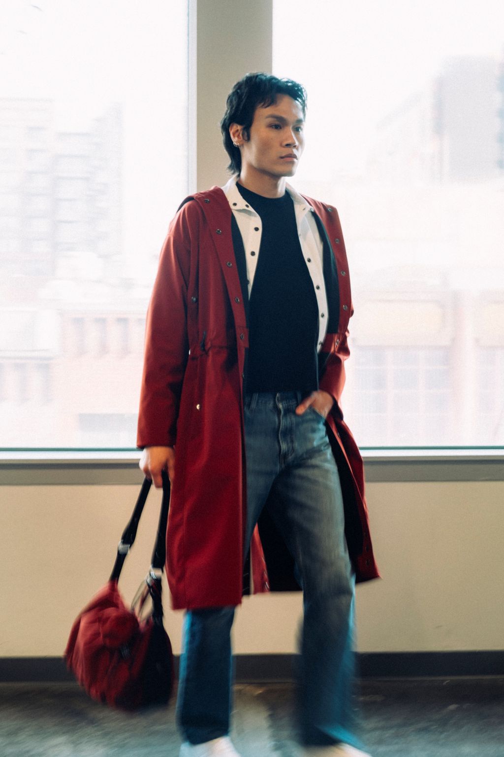 Long City Coat by September Archive. Red Rust Rain Coat. Photographed by Trevor Brady.