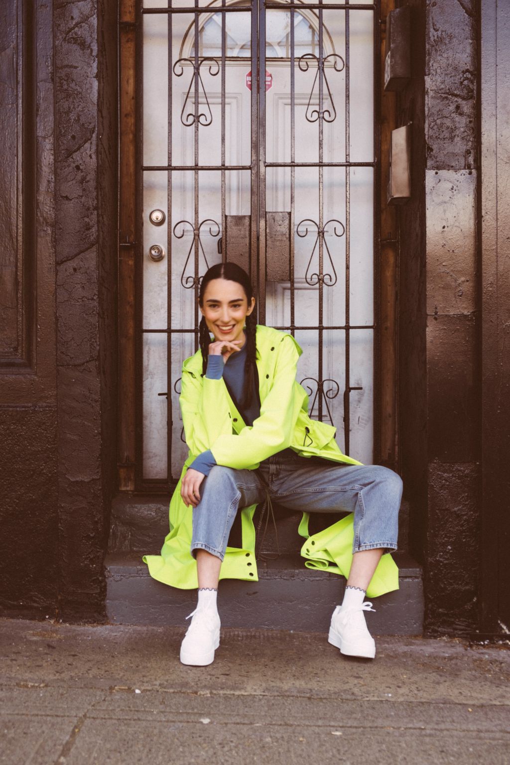 Tearaway City Coat by September Archive. Neon green rain coat. Photographed by Trevor Brady.