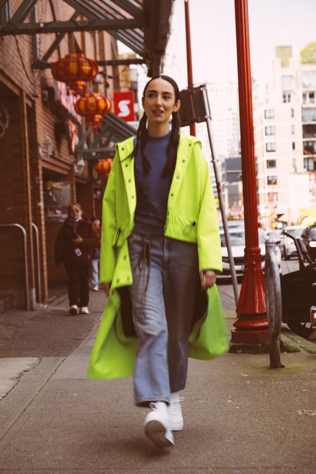 Tearaway City Coat by September Archive. Neon green rain coat. Photographed by Trevor Brady.