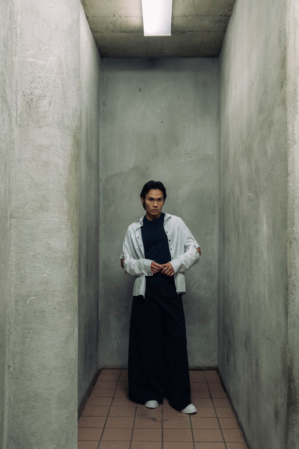 Tearaway Tailored Shirt by September Archive. White modular tailored shirt. Photographed by Trevor Brady.