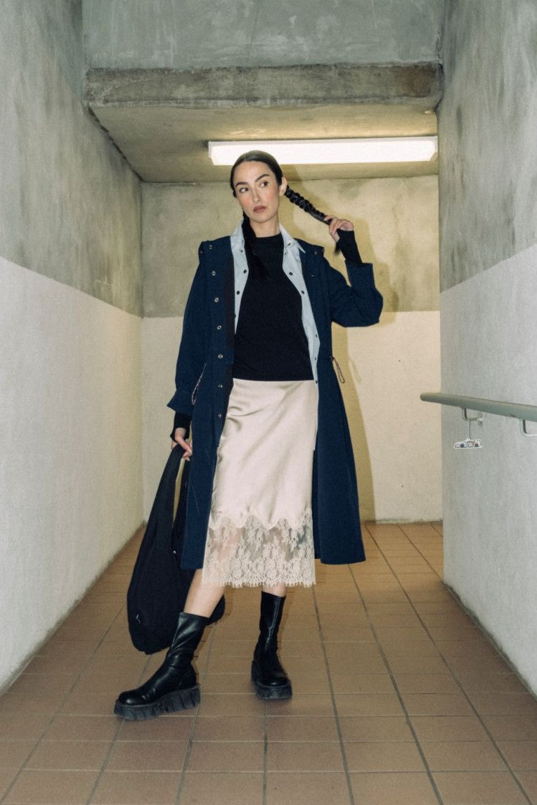 Long City Coat by September Archive. Blue Rain Coat. Photographed by Trevor Brady.