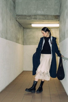 Long City Coat by September Archive. Blue Rain Coat. Photographed by Trevor Brady.