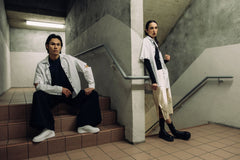 Tearaway Tailored Shirt worn by male and female models by September Archive. Photographed by Trevor Brady.
