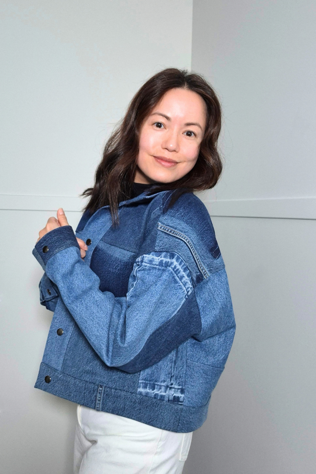 Upcycled denim jacket by September Archive Apparel. Canadian made denim jacket. One of a kind denim jacket made in Vancouver, Canada. Photographed by Sheila Wong. 