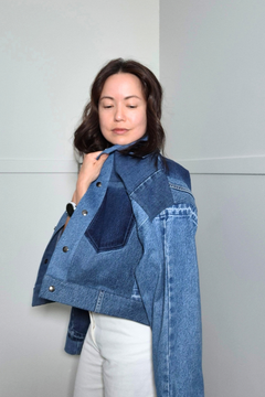 Upcycled denim jacket by September Archive Apparel. Canadian made denim jacket. One of a kind denim jacket made in Vancouver, Canada. Photographed by Sheila Wong. 