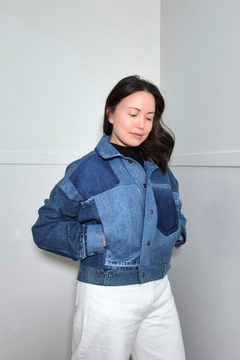 Upcycled denim jacket by September Archive Apparel. Canadian made denim jacket. One of a kind cropped denim jacket made in Vancouver, Canada. Photographed by Sheila Wong. 