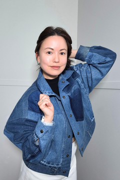 Upcycled denim jacket by September Archive Apparel. Canadian made denim jacket. One of a kind denim jacket made in Vancouver, Canada. Photographed by Sheila Wong. 