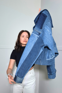 Upcycled denim jacket by September Archive Apparel. Canadian made denim jacket. One of a kind denim jacket made in Vancouver, Canada. Photographed by Sheila Wong. 