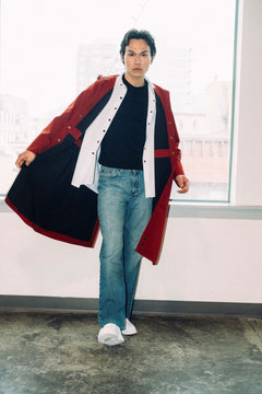 Long City Coat by September Archive. Red Rust Rain Coat. Photographed by Trevor Brady.