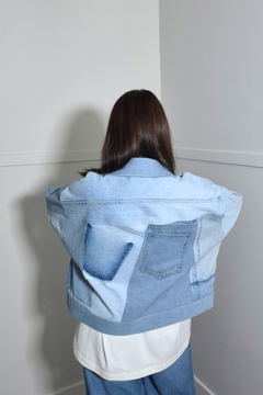 Upcycled denim jacket by September Archive Apparel. Canadian made denim jacket. One of a kind cropped denim jacket made in Vancouver, Canada. Photographed by Sheila Wong. 