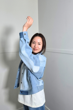 Upcycled denim jacket by September Archive Apparel. Canadian made denim jacket. One of a kind cropped denim jacket made in Vancouver, Canada. Photographed by Sheila Wong. 