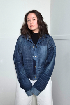 Upcycled denim jacket by September Archive Apparel. Canadian made denim jacket. One of a kind cropped denim jacket made in Vancouver, Canada. Photographed by Sheila Wong. 