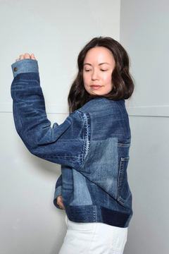 Upcycled denim jacket by September Archive Apparel. Canadian made denim jacket. One of a kind cropped denim jacket made in Vancouver, Canada. Photographed by Sheila Wong. 