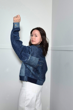 Upcycled denim jacket by September Archive Apparel. Canadian made denim jacket. One of a kind cropped denim jacket made in Vancouver, Canada. Photographed by Sheila Wong. 