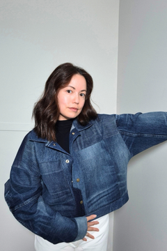 Upcycled denim jacket by September Archive Apparel. Canadian made denim jacket. One of a kind cropped denim jacket made in Vancouver, Canada. Photographed by Sheila Wong. 