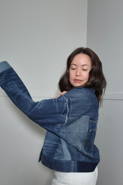 Upcycled denim jacket by September Archive Apparel. Canadian made denim jacket. One of a kind cropped denim jacket made in Vancouver, Canada. Photographed by Sheila Wong. 